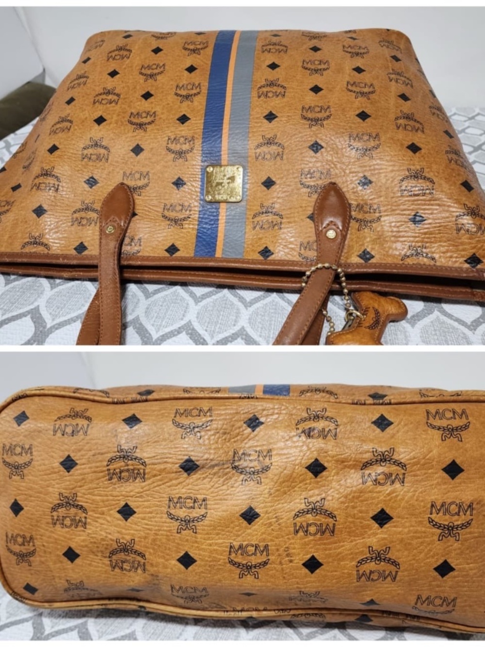 Authentic MCM Visetos Striped Shopper Tote Bag Cognac - Picture 11 of 14